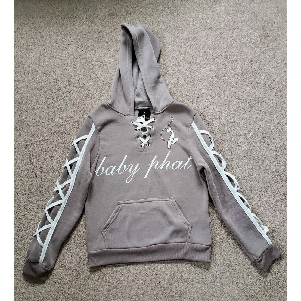 Baby Phat Women's Graphic Hoodie Sweatshirt Lace Up Neckline Sleeves Brown Sz M